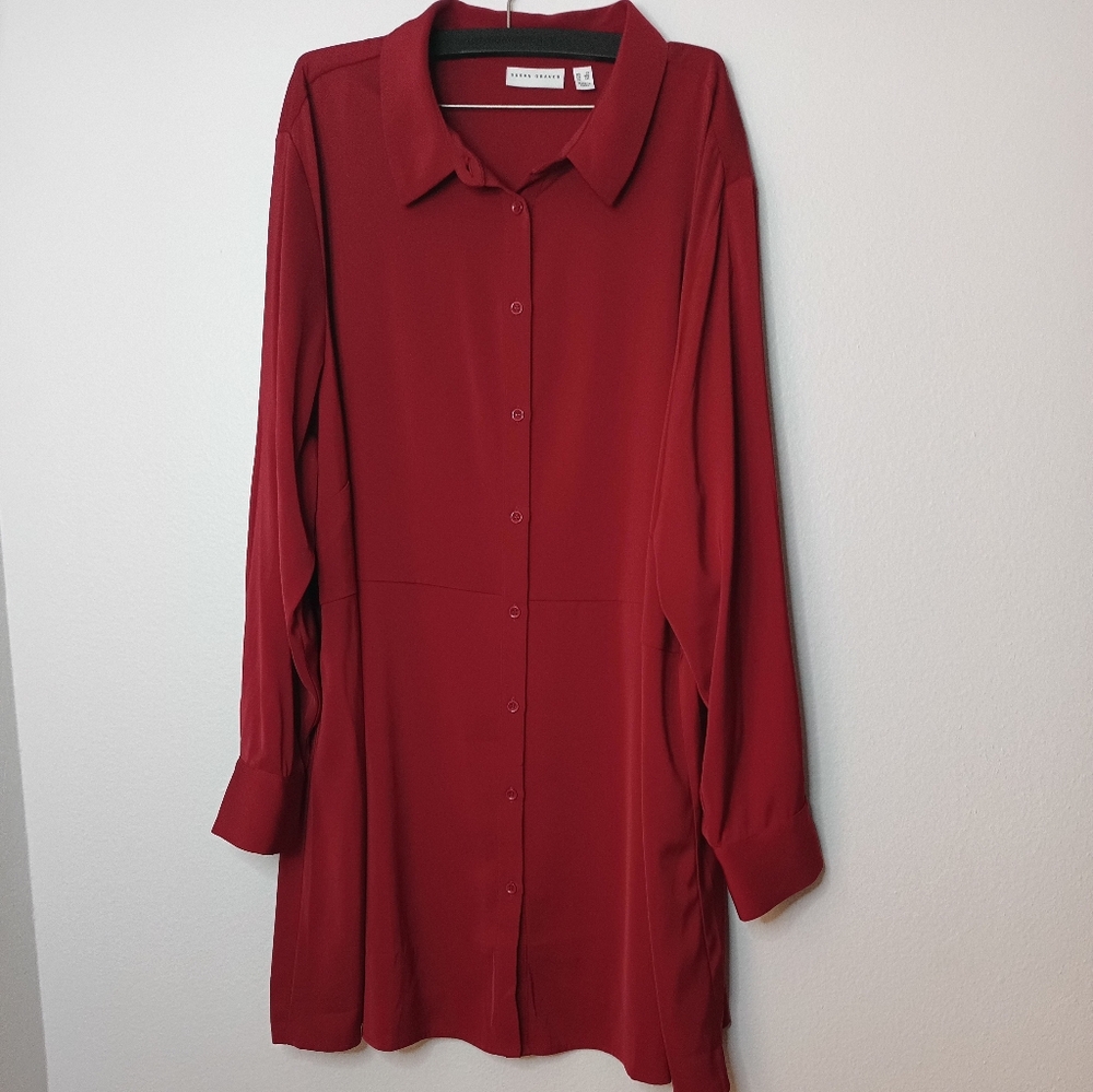 Susan Graver Tunic Rich Red Long Sleeve Silky Flowy Button Down Liquidknit